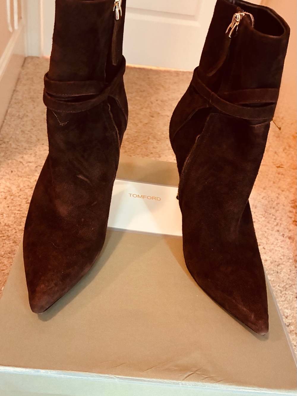 Tom Ford Dark Brown Suede Pointed Ankle Boot with Gold Stiletto Heel - Picture 5 of 11